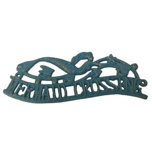 Blue Mermaid Crossing Wall Plaque Painted Cast Iron 11.5 Inches